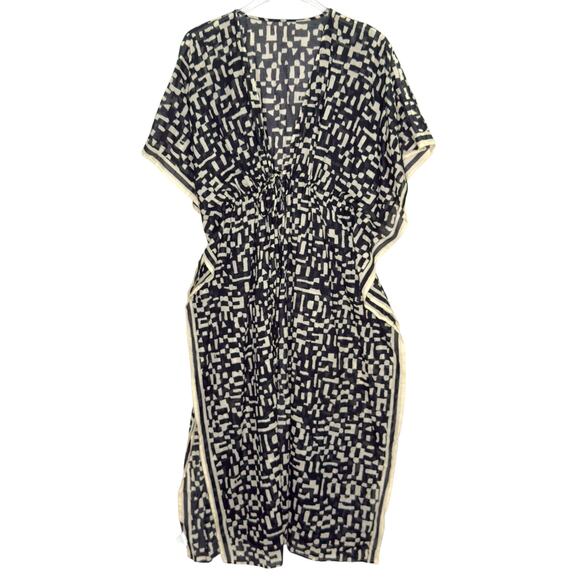 Banana Republic OS Long Kaftan Swim Coverup Black Beige Drawstring Waist - Picture 1 of 10